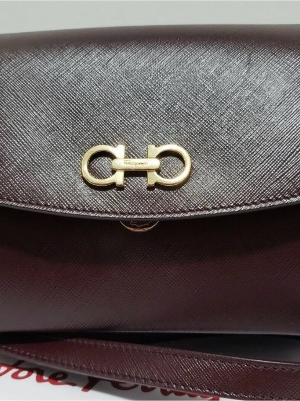 Salvatore Ferragamo Burgundy Saffiano Leather Crossbody with Gold Gancini